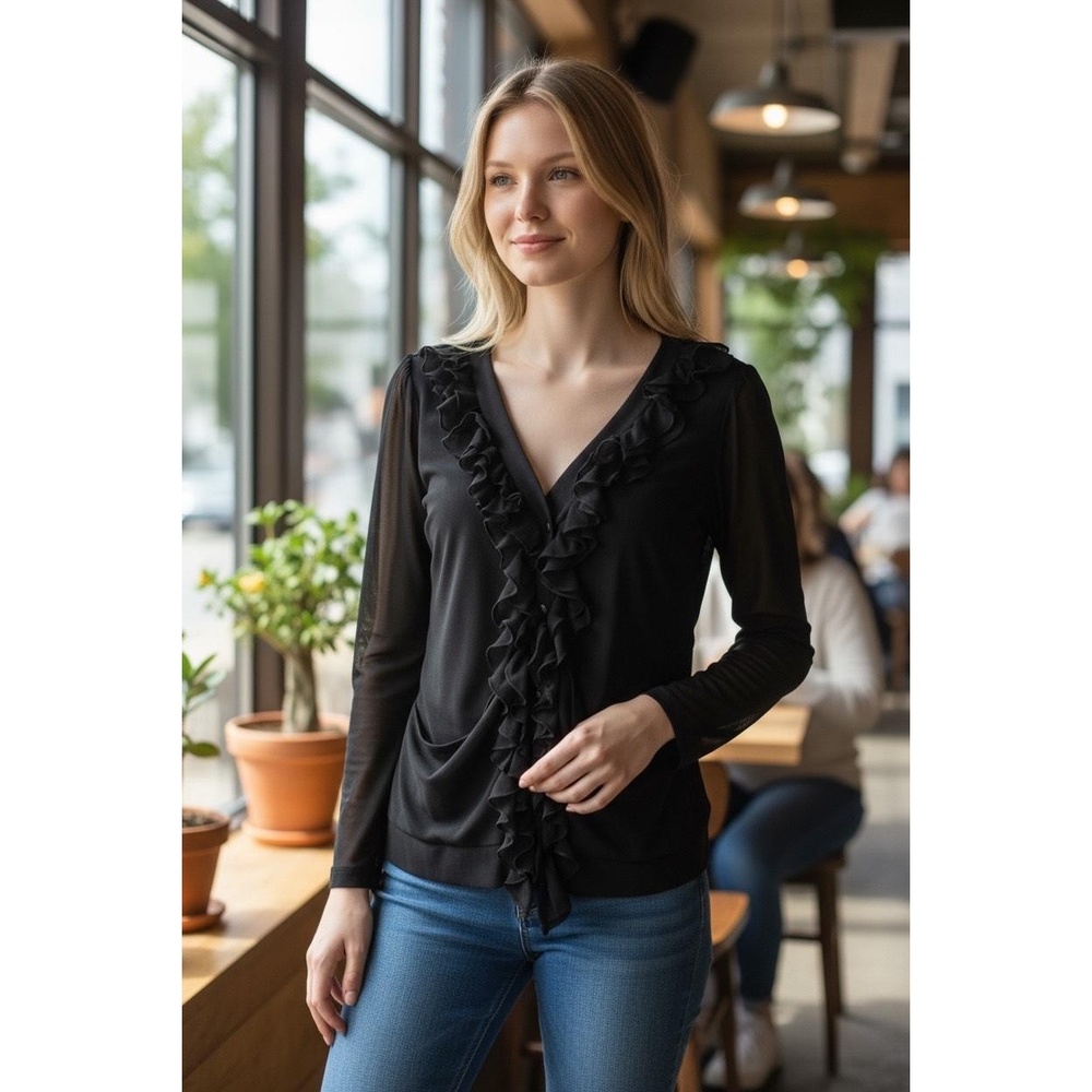 Grace Elements Women Black Ruffle Sheer Sleeve V-Neck Blouse Elegant Chic Size M